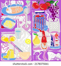 large kitchen panel, vegetables, fruits and kitchen equipment