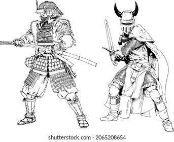 a large knight in armor and a samurai, hand-drawn in full-length ink on a white background