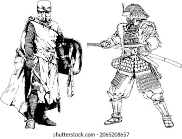 a large knight in armor and a samurai, hand-drawn in full-length ink on a white background