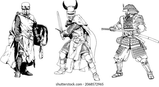 a large knight in armor and a samurai, hand-drawn in full-length ink on a white background