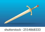 Large knightly sword with richly decorated gold hilt adorned with ruby. Vector illustration