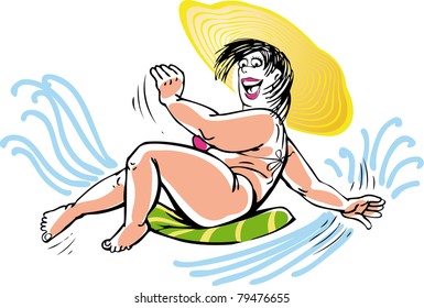 large lady at sea trying to surf.