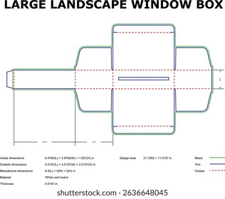 Large landscape window box blueprint and die cut template for packaging and design