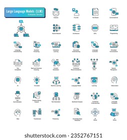 Large Language Model Icon Set: Vector Line Icons for AI Concepts. AI language model, Natural language processing, Text generation, Deep learning, and Machine learning. Editable Stroke Icons.