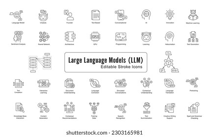 Iconos de línea vectorial del modelo de lenguaje grande. Iconos de línea de vectores con iconos de trazo editable.