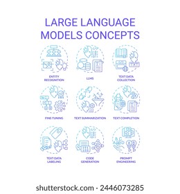 Large language models blue gradient concept icons. Virtual assistance, machine learning. Icon pack. Vector images. Round shape illustrations. Abstract idea