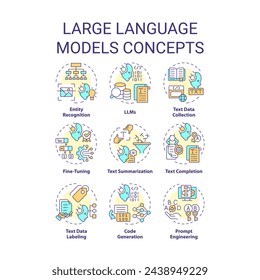Large language models multi color concept icons. Virtual assistance, machine learning. Icon pack. Vector images. Round shape illustrations for infographic, presentation. Abstract idea