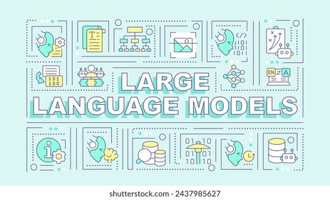 Concepto de palabra turquesa de modelos de lenguaje grande. Gestión de datos. Banner de tipografía. Diseño plano. Ilustración vectorial con texto de título, iconos de línea editables. Listo para usar. Fuente Arial Black utilizada
