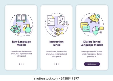 Large language models types onboarding mobile app screen. Walkthrough 3 steps editable graphic instructions with linear concepts. UI, UX, GUI template. Myriad Pro-Bold, Regular fonts used