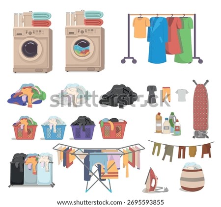 A large laundry set. Washing machine, laundry in baskets an. Sorting laundry. A big pile of dirty laundry with a washing machine and washing powder and gels. Closed Washing Machine in a Modern