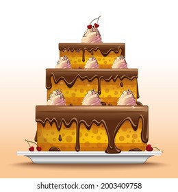 Large layered chocolate cake decorated with cherries. The cake is covered with chocolate icing on a white dish. Vector illustration