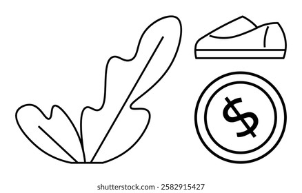 Large leaf, dollar sign coin, and shoe drawn with simple lines. Ideal for nature representation, finance concepts, currency topics, savings themes, economy discussions, minimalist designs