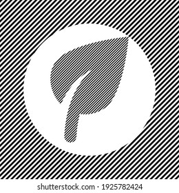 A large leaf symbol in the center as a hatch of black lines on a white circle. Interlaced effect. Seamless pattern with striped black and white diagonal slanted lines