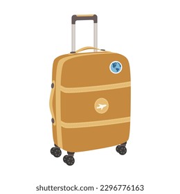 Large, leather suitcase on wheels for tourism, vacation travel. Hand baggage. Vector illustration isolated on white background.