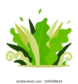 Large leaves, different green shades, abstract cartoon pattern for your design. Background from plants and bush. Vector isolated object, print illustration