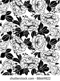 Large leaves and flowers of peonies. Black and white illustration. Seamless.