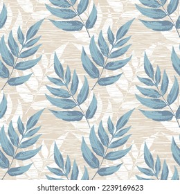 large leaves seamless pattern with linen texture. blue background.Ideal for button-up blouses, t-shirts and surf wear shorts