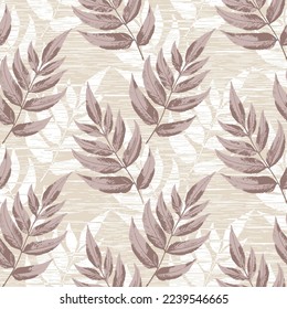 large leaves seamless pattern with linen texture. pink background.Ideal for button-up blouses, t-shirts and surf wear shorts