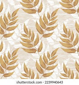 large leaves seamless pattern with linen texture. yellow background.Ideal for button-up blouses, t-shirts and surf wear shorts