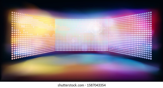 Large led projection screens. Colorful abstract background. Light show on the stage. Vector illustration.