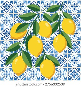 Large lemon branch on blue mediterranean ceramic tile background