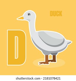 Large letter D of the English alphabet. Children's illustration of an educational poster for children. Games for the little ones. Drawing of a duck. D is for duck.