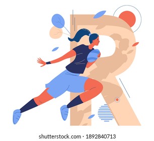 Large letter R and woman with ball running while rugby game. Female healthy character in active jumping pose. Concept sport illustration