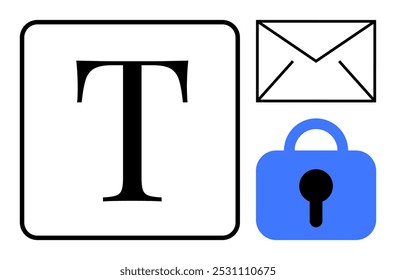 Grande letra T dentro de un cuadrado, un sobre y un candado sobre un fondo blanco. Ideal para la seguridad del correo electrónico, la protección de datos, la privacidad, la confidencialidad y los conceptos de comunicación digital. Sencillo