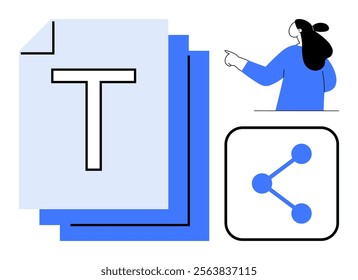 Large letter T on document, sharing icon and person pointing. Ideal for teamwork, collaboration, document sharing, communication, and technology themes. Simple line art style