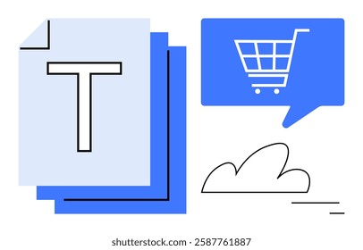 Large letter T on stacked documents, shopping cart icon in a speech bubble, cloud and line marks. Ideal for e-commerce, digital communication, document management, cloud storage, online shopping