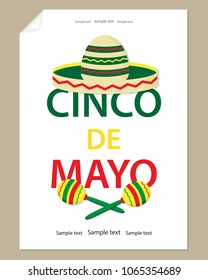 Large letters Cinco de Mayo, colorful sombrero and maracas.The white background of a sheet of paper the poster festive design.Isolated.Vector illustration