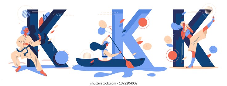 Large letters K and various sports activities isolated on white. Karate, kayaking and kickboxing drawn in blue and orange.