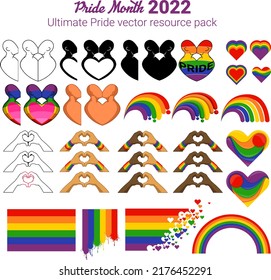 A large LGBTQ Gay Pride Vector Resouce set with unique hand crafted pieces iconic for Pride.
Celebrate Pride Month with Rainbow striped Vector Designs such as Hearts, Same sex kisses, Rainbow Flags