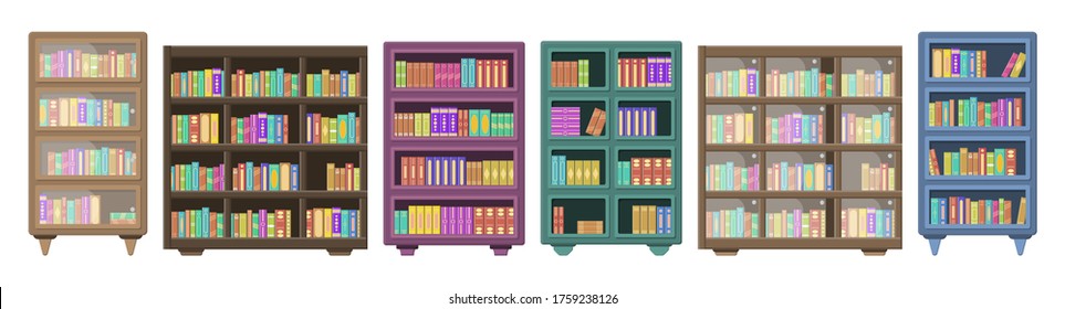 A large library has a wooden bookcase full of folded books standing on bookshelves. Wooden bookshelves isolated on white background. Education library book store concept. Vector illustration, eps 10.