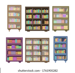 Una gran biblioteca cuenta con una biblioteca de madera repleta de libros doblados sobre estanterías. Estantes de madera aislados en un fondo blanco. Concepto de librería de libros de la biblioteca de educación. Ilustración vectorial, eps 10.