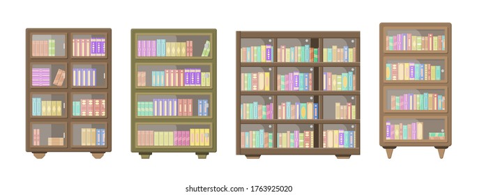 A large library has a wooden bookcase full of folded books standing on bookshelves. Wooden bookshelves isolated on white background. Education library book store concept. Vector illustration, eps 10.