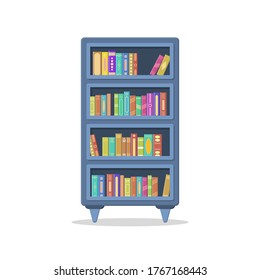 A large library has a wooden bookcase full of folded books standing on bookshelves. Wooden bookshelves isolated on white background. Education library book store concept. Vector illustration, eps 10.