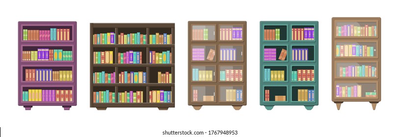 A large library has a wooden bookcase full of folded books standing on bookshelves. Wooden bookshelves isolated on white background. Education library book store concept. Vector illustration, eps 10.