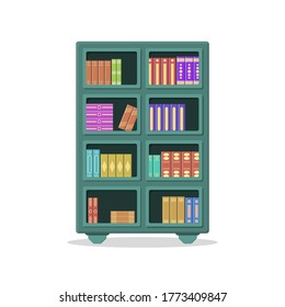 A large library has a wooden bookcase full of folded books standing on bookshelves. Wooden bookshelves isolated on white background. Education library book store concept. Vector illustration, eps 10.