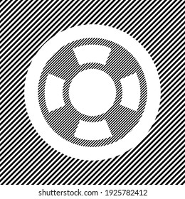 A large lifebuoy symbol in the center as a hatch of black lines on a white circle. Interlaced effect. Seamless pattern with striped black and white diagonal slanted lines