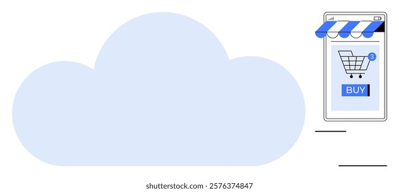 Large light blue cloud shape beside a smartphone with a shopping cart and buy button. Ideal for online shopping, cloud computing, mobile commerce, digital marketing, and convenience in purchasing