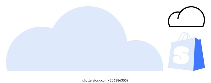 Large light blue cloud with a small black and white cloud at the top right and a blue shopping bag with an S in the center. Ideal for online shopping, cloud computing, storage, ecommerce, minimalism