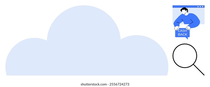 Large light blue cloud takes center stage, with cashback promotion represented by a man holding a cash back sign in a browser window top right, magnifying glass bottom right. Ideal for cloud storage