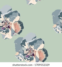 Large light blue peonies flowers on a sage green color background. Seamless vector pattern. Design for fabric and wallpaper. Imitation oil painting