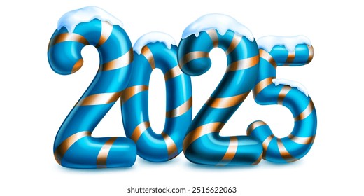 Grande número estilizado azul claro 2025 salpicado de nieve en la parte superior, con un diseño de Navidades festivas que recuerda a un bastón de caramelo, con sombra suave, sobre un fondo blanco.