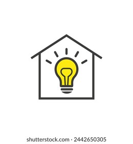 A large light bulb glows inside the house.