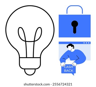 Large light bulb outline representing ideas and innovation blue lock symbolizing security man holding, cashback sign Ideal for technology finance innovation rewards and security themes Simple modern