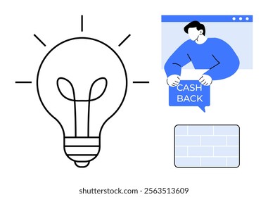 Large light bulb and person in browser window holding a cashback sign. Minimalist. Ideal for finance, innovation, savings, e-commerce, online transactions. Simple, modern, vector