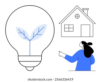 Large light bulb with plant inside symbolizing sustainability. Woman pointing toward eco-friendly house. Ideal for energy conservation, renewable energy, eco-friendly home designs, environmental