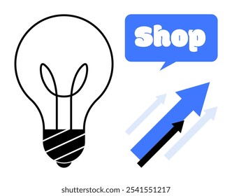 Grande bombilla, flechas hacia arriba y burbuja de discurso diciendo Shop. Ideal para el crecimiento de negocios, ideas, innovación, compras en línea y tendencias del mercado. Estilo minimalista con negro, blanco y azul